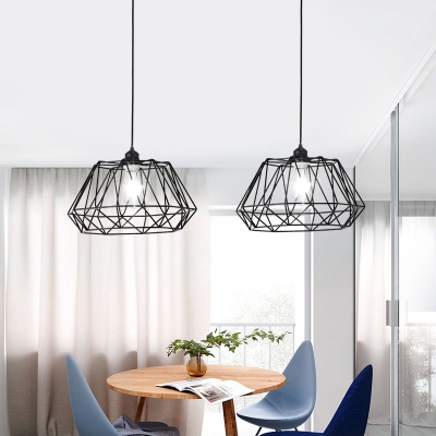 Matte Black Geometric Ceiling Light Fixture Modern Iron Single Bulb Caged Ceiling Pendant