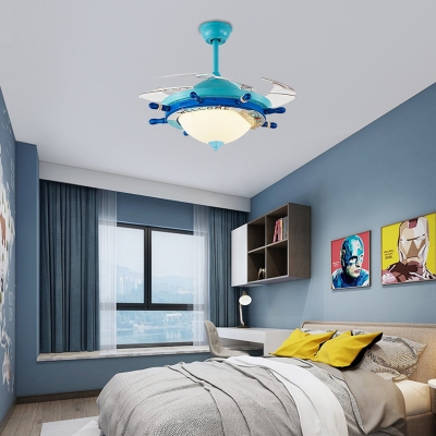 Mediterranean Steering Wheel Ceiling Fixture Glass 1 Light LED Ceiling Fan with Fishnet for Living Room