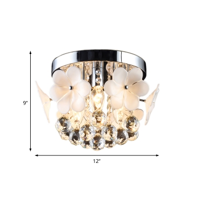 Off White Flower Semi Flush Mount Contemporary Crystal Ball Ceiling Fixture for Living Room