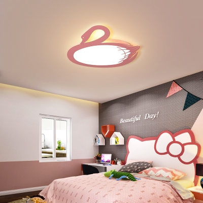 Pink Swan Flush Ceiling Light Nordic Style Metal Led Flushmount for Girls Room