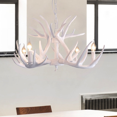 Resin Deer Horn Suspension Light with Candle Dining Room Country Style Chandelier in White