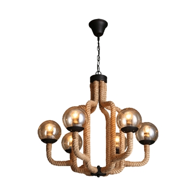 Rope Chandelier Lamp Village 6 Heads Hanging Chandelier with Global Glass Shade for Dining Room