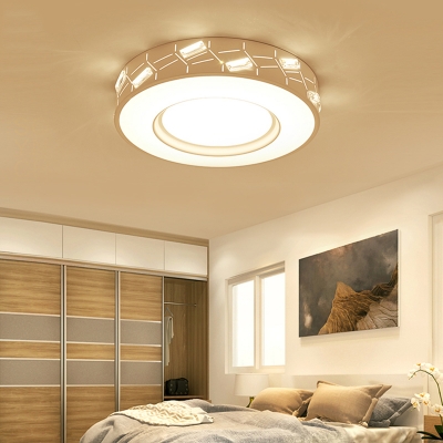 White Drum Flushmount Lighting with Crystal Prism Contemporary Led Flush Ceiling Light