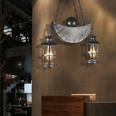 2 Light Moon Hanging Pendant for Kitchen Dining, Antique Metal Caged Island Lighting with Chain