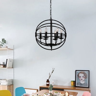 Black Sphere Pendant Ceiling Lights Retro Style Iron 6 Light Candle Hanging Lamps in Black for Kitchen Table