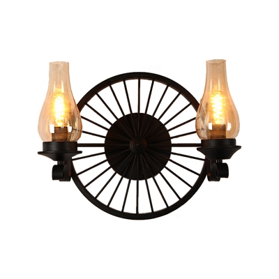 Black Wheel Wall Mounted Light Modern Iron and Glass 1/2 Light Wall Sconce Lighting for Indoor