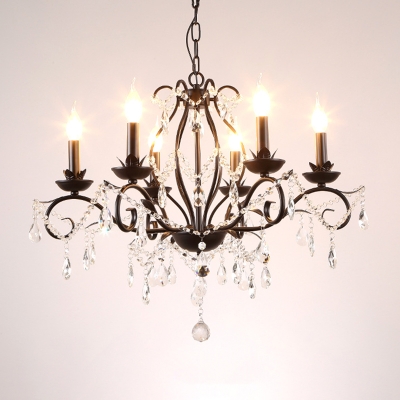 Candle Hanging Chandelier Traditional Iron and Crystal 6/8 Heads Lighting Fixture in Black for Bedroom