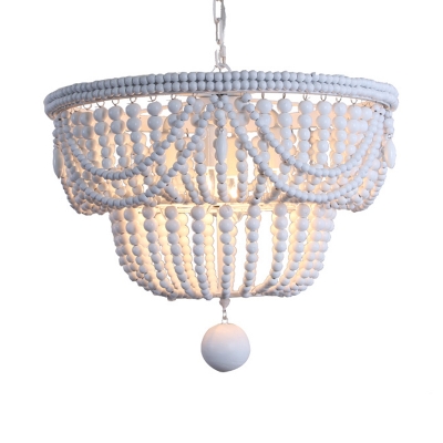 Distressed White Beaded Hanging Light French Country 4 Lights Chandelier Light