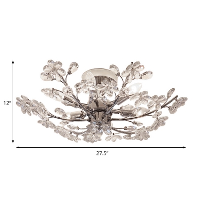 Flower Crystal Ceiling Chandelier Contemporary Metal 6 Lights Ceiling Light Fixture in Silver