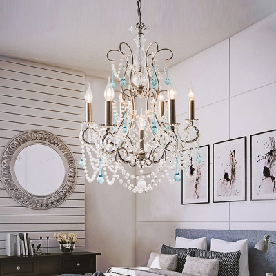 French Country Candle Chandelier with Crystal Strands Wrought Iron Hanging Pendant Light in Antique Silver