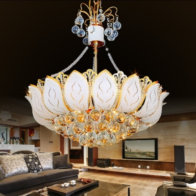 Lotus Ceiling Pendant Lights Modern Metal Large Pendant Ceiling Lights with Crystal Balls in Gold for Dining Room