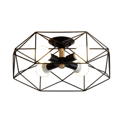 Metal Cage Semi Flush Mount Living Room 3/4/5 Light Modern Wood Ceiling Light in Black/Gold/White