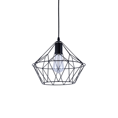 Modern Diamond Pendant Light Fixture Iron Single-Bulb Hanging Lamps with Wire Cage