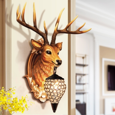 Realistic Deer Head Wall Mounted Light with Teardrop Shade 1 Light Rustic Wall Lighting