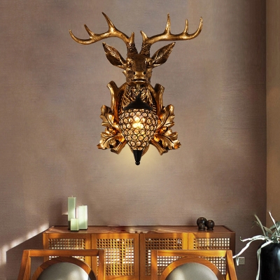 Resin Stag Head Wall Lighting with Globe Shade Village Style 1 Light Wall Sconce in Black