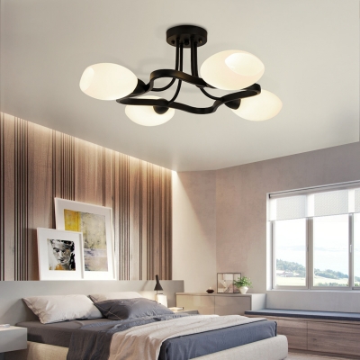 Rustic Style Oval Shape Semi Flush Mount Light Metal Frosted Glass 4/6/8/10 Lights Black and White Light Fixture for Bedroom