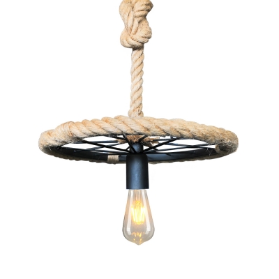 Wheel Pendant Ceiling Lights Country Metal 1 Light Rope Hung Pendant in Black for Dining Room
