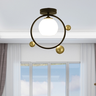1 Light Ball Semi Flush Light Modern Opal Glass Decorative Semi Flush Mount Light with Metal Ring