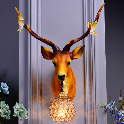 1 Light Ball Wall Sconce Light Loft Clear Crystal Wall Mounted Light with Decorative Stag Head