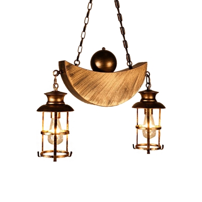 2 Light Moon Hanging Pendant for Kitchen Dining, Antique Metal Caged Island Lighting with Chain