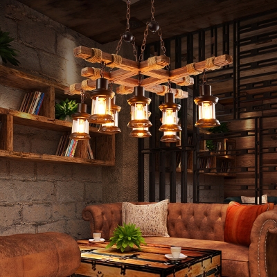 8-Light Hanging Ceiling Lights Lodge Wood and Iron Rope Pendant Hanging Lights in Black for Coffee Shop