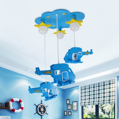 Blue Cloud Flush Lighting with Helicopter Cartoon Style Wood Ceiling Light Fixture