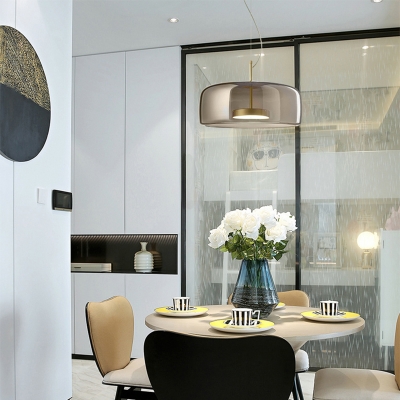 Brass Disk Pendant Light With Glass, Mid Century Modern Dining Room Pendant Light