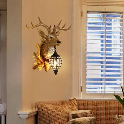 Countryside Deer Wall Light with Water Drop Shade 1 Light Decorative Wall Sconce in Black
