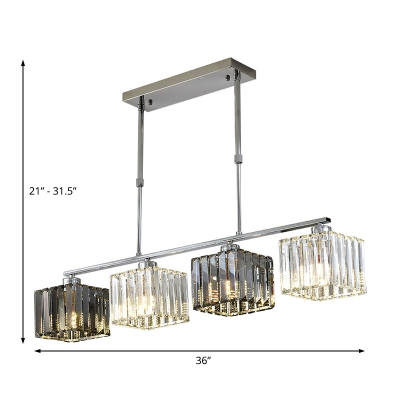 Crystal Square Hanging Lamp Contemporary Metal 3/4 Light Island Pendant over Kitchen Island
