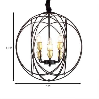 Dining Table Candle Hanging Lamp Metal 3/6 Lights Antique Black Chandelier with Orb Cage