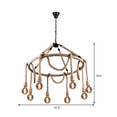 Exposed Bulb Hanging Chandelier Lamp Rustic Iron Rope Chandelier Pendant Light for Bedroom