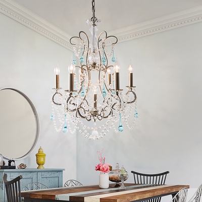 French Country Candle Chandelier with Crystal Strands Wrought Iron Hanging Pendant Light in Antique Silver