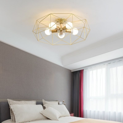 Gold Cage Semi-Flush Mount Transitional Metal Geometric Semi Flush Mount Light for Bedroom