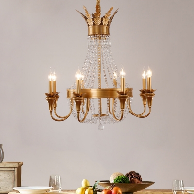Gold Empire Chandelier Lighting with Candle and Crystal Beads Traditional Vintage Foyer Pendant Light