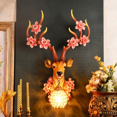 Hand Painted Deer Wall Mount Light Rustic 1 Light Resin Sconce Light with Hanging Globe Shade