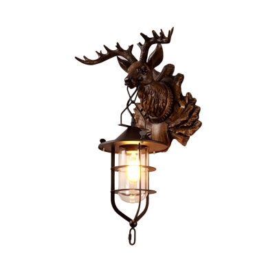 Lantern Wall Sconce Light with Deer Design Rustic Clear Glass Single Wall Lamp for Foyer