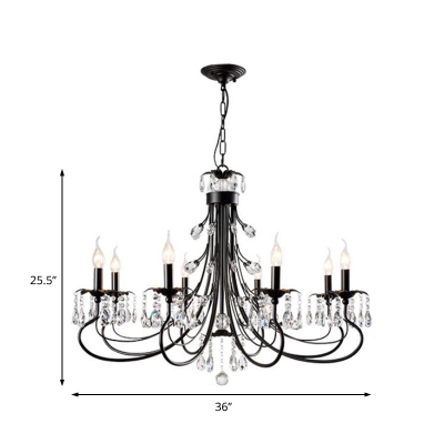 Matte Black Candle Pendant Lighting Traditional Iron Crystal 6/8/12 Light Hanging Chandelier with Adjustable Chain