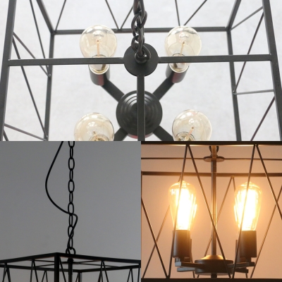 Metal Cuboid Wire Frame Ceiling Pendant Light 4 Heads Vintage Hanging Lamp in Black for Villa