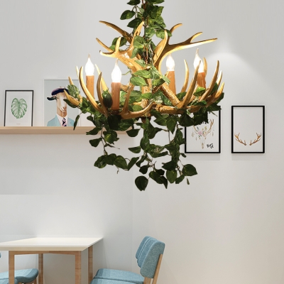Resin Candle Pendant Light with Antler and Artificial Plants Rustic Chandelier for Restaurant