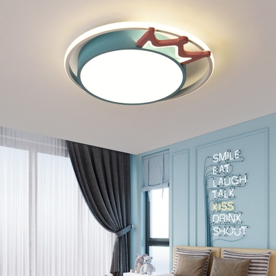 Round Flush Ceiling Light with Crown Cartoon Nordic Metal Flush Light with Acrylic Diffuser