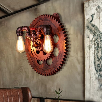 Rust Gear Sconce Light Fixture Antiqued Metal 2 Heads Wall Sconce Lighting with Edison Bulb for Restaurant