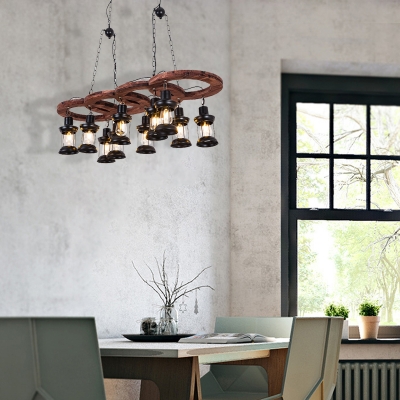 10-Light Caged Pendant Lights Country Black and Iron Hanging Light Fixtures with Rope and Wood for Dining Room