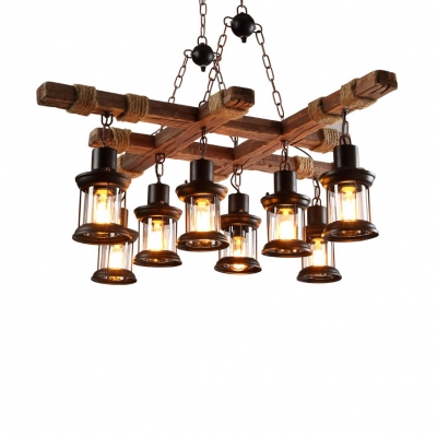 8-Light Hanging Ceiling Lights Lodge Wood and Iron Rope Pendant Hanging Lights in Black for Coffee Shop