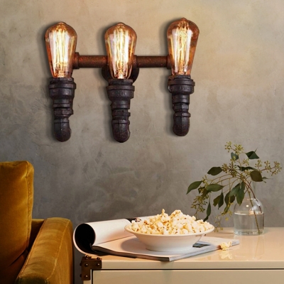 Antique Bare Bulb Wall Mounted Light Metal 3 Bulbs Up Lighting Sconce Lamp with Pipe for Coffee Shop