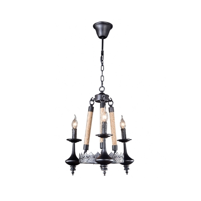 Black Candle Chandelier Lamp Country Iron and Rope Suspension Chandelier Pendant Light for Kitchen Dining