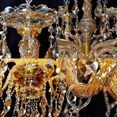 French Country Candle Chandelier Pendant Crystal and Glass 6 Light Chandelier Pendant Light for Dining Table