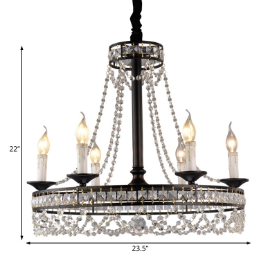 French Style Candle Pendant Light with Clear Crystal Bead Multi Light Chandelier in Black