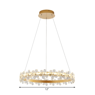 Gold Round Pendant Light with Clear Crystal Flower Contemporary Indoor Lighting for Living Room