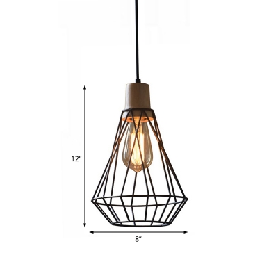 Industrial Cage Pendant Light Shade Metal 1 Light Ceiling Pendant Lights with Wood for Bedroom