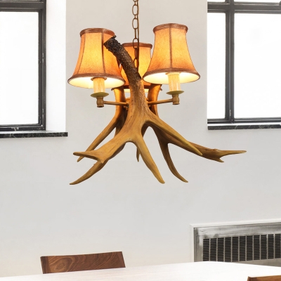 Loft Bell Chandelier Light with Fabric Shade and Resin Antler 3 Light Living Room Pendant Light